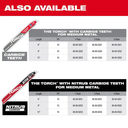 Milwaukee 9" 14 TPI TORCH SAWZALL Blade for Medium Metal (5 PK) 48-00-5787 | 9 in Blade Length, 5-Piece