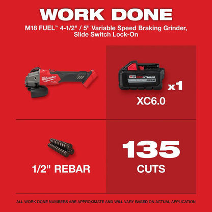 Milwaukee M18 FUEL 4-1/2" / 5" Variable Speed Braking Grinder, Slide Switch Lock-On 2889-20 | M18 Battery, Metal