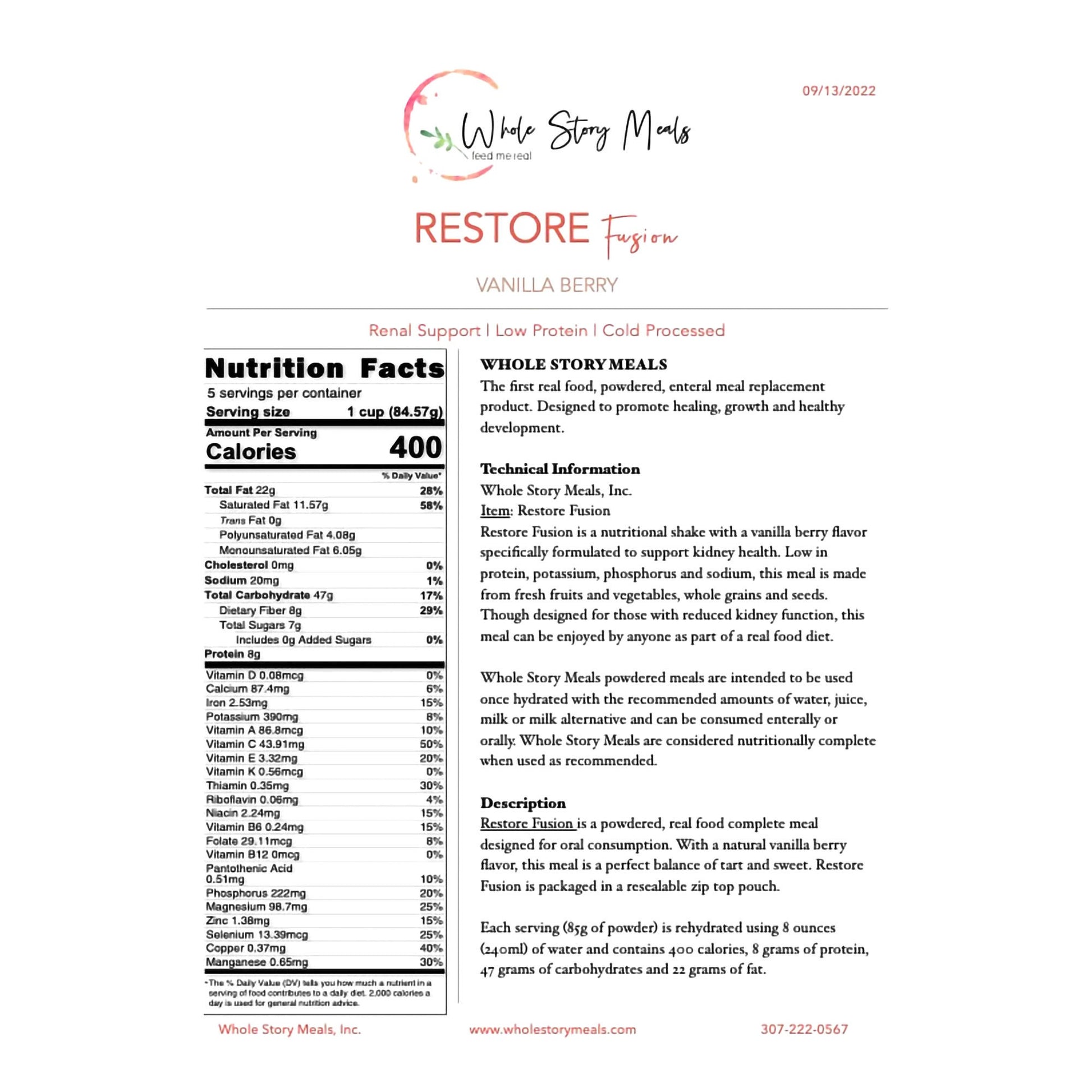 Whole Story Meals™ Restore Renal Support for Oral & Enteral Feed, Vanilla Berry