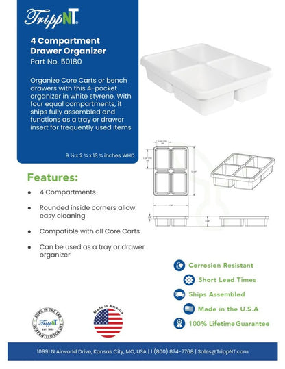 TrippNT 50180 — laboratory in-use view loaded with 4 consumable categories in Core Cart drawer