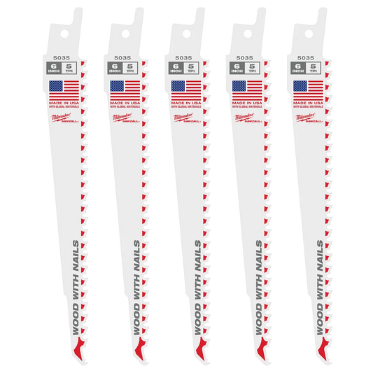 Milwaukee 6" 5 TPI SAWZALL Blade for Wood with Nails (5 PK) 48-00-5035 | 6 in Blade Length, 5-Piece