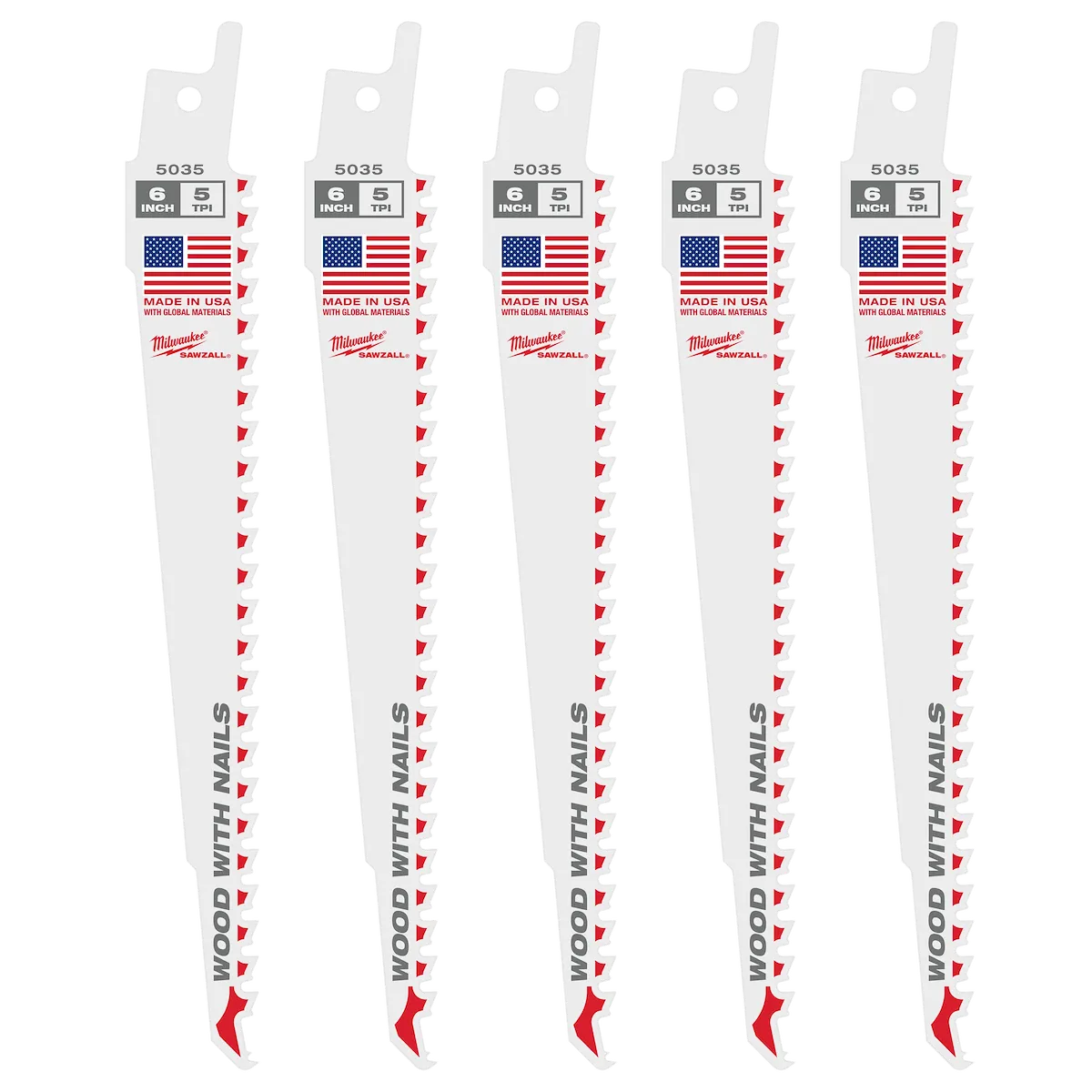 Milwaukee 6" 5 TPI SAWZALL Blade for Wood with Nails Bulk 100 48-01-7035 | 6 in Blade Length