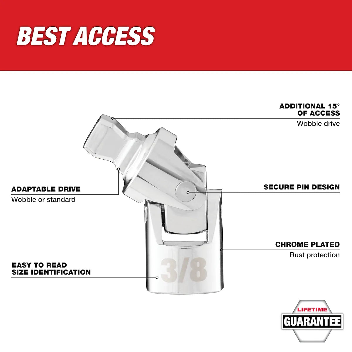 Milwaukee 3/8" Drive Universal Joint 42-04-9107 | 3/8 in Drive, Chrome Vanadium Steel