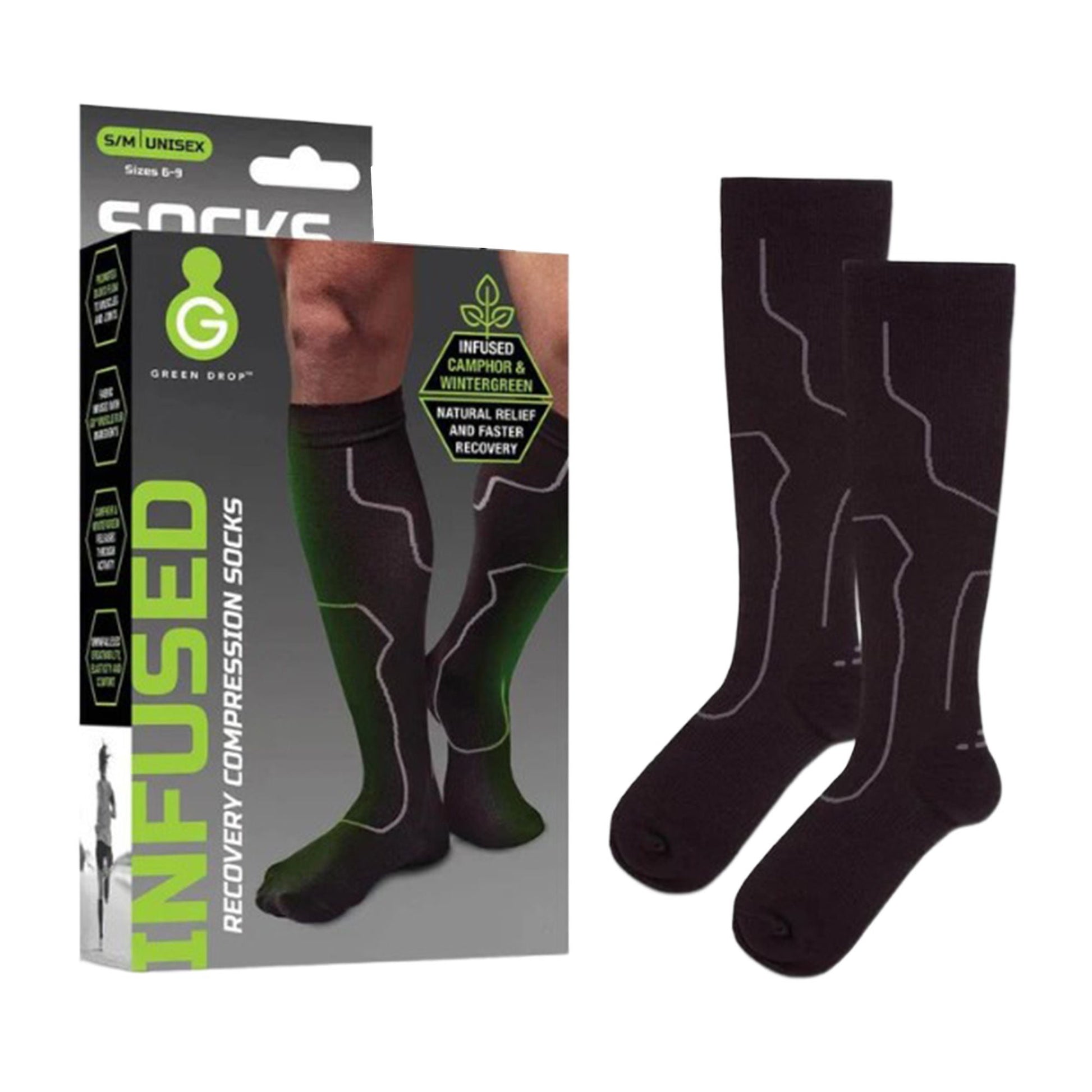 Green Drop Compression Socks Knee High Small / Medium Black Closed Toe