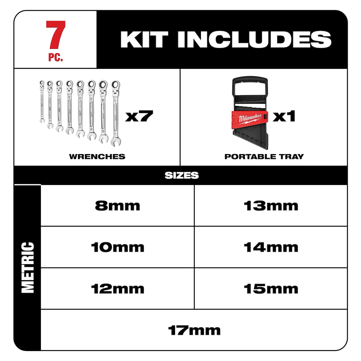Milwaukee 7pc Metric Flex Head Ratcheting Combination Wrench 48-22-9529