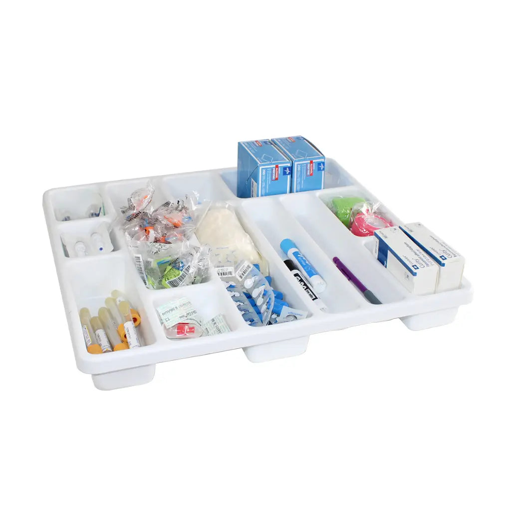 TrippNT 50063 14 Compartment Drawer Organizer - Stocked Lab Cart Drawer In-Use Shot