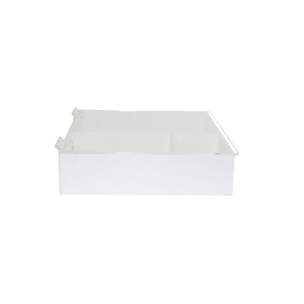 TrippNT 50145 — front detail of white PVC compartment walls and lid hinge mechanism