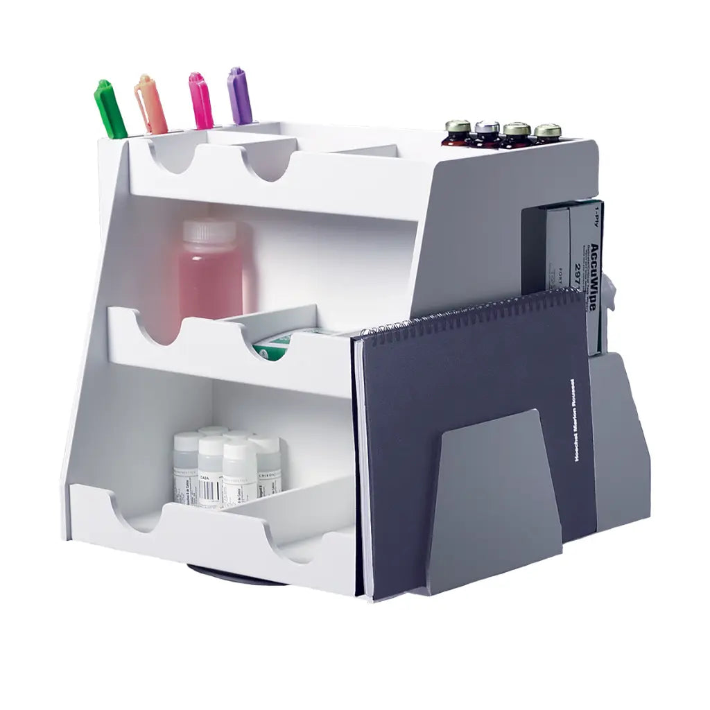 TrippNT 50153 Rotating Workstation Angle View 12 Bins 4-Slot Tool Holder 3 Shelves