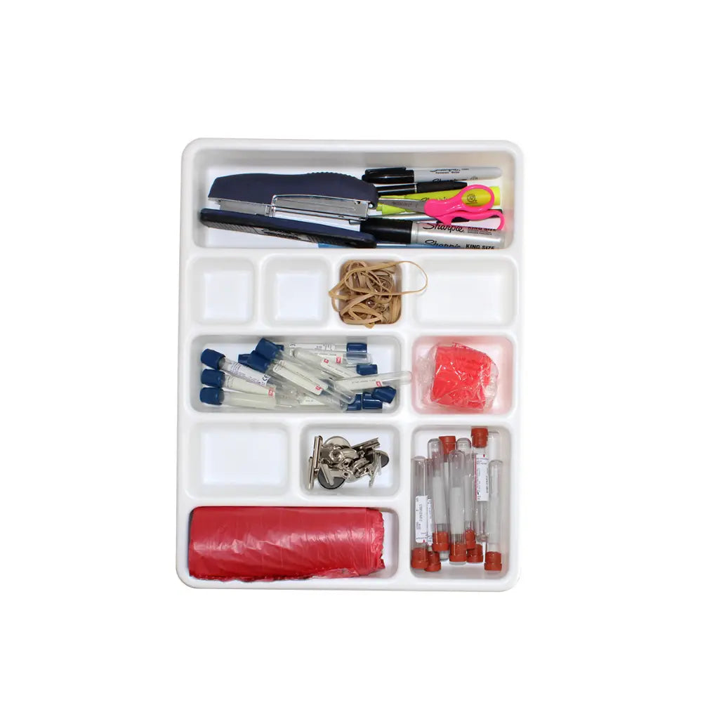 TrippNT 50211 11 Compartment Drawer Organizer - Mixed Lab Supply Staging In-Use Shot