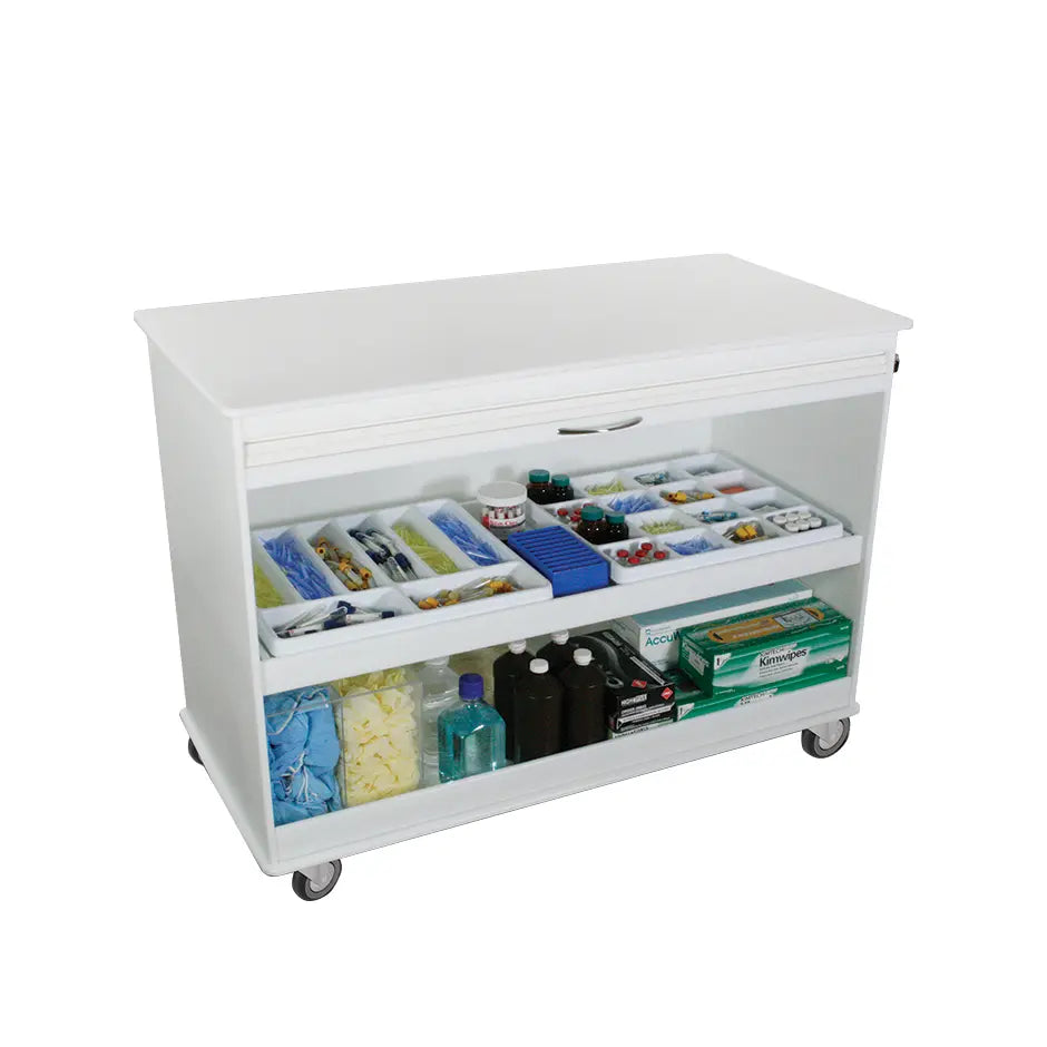 TrippNT 50592 — door open view showing pull-out shelf and bottom shelf in storage bay