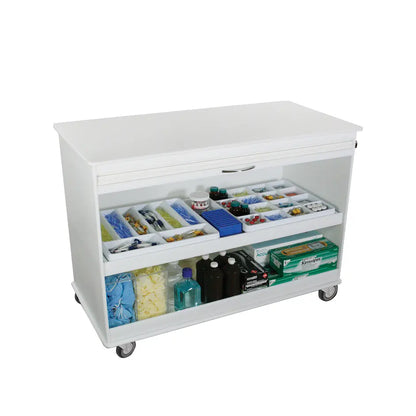 TrippNT 50592 — door open view showing pull-out shelf and bottom shelf in storage bay
