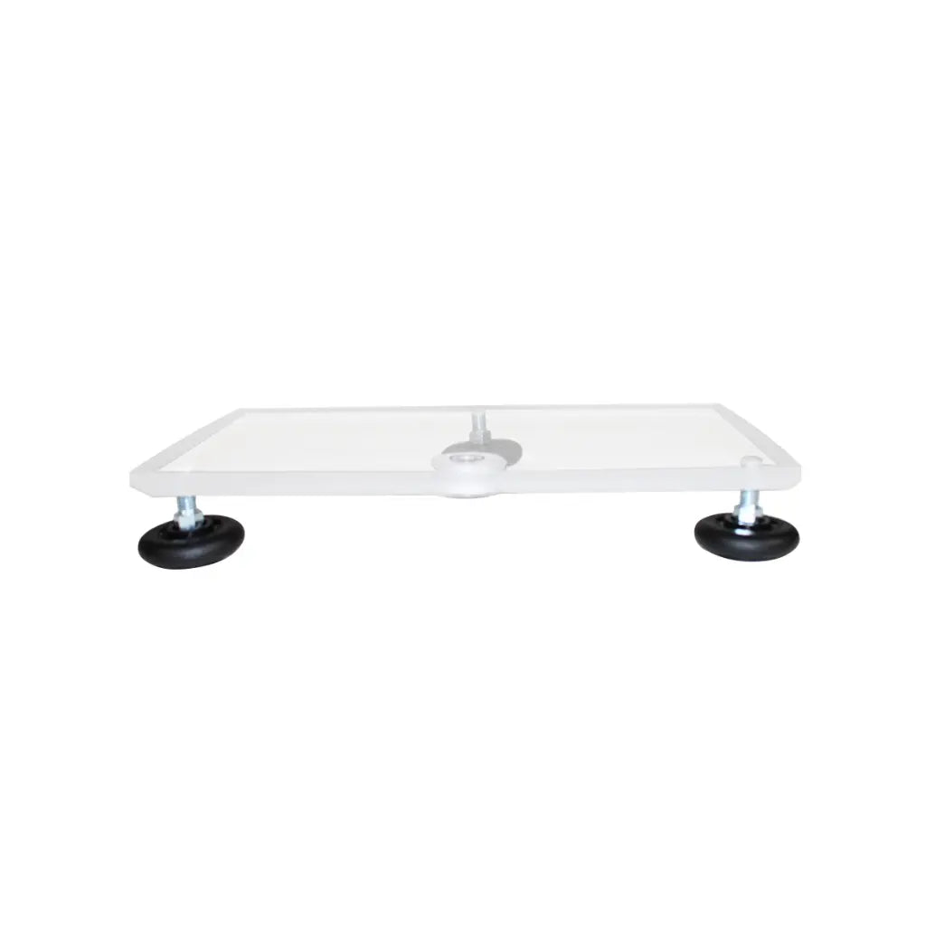 TrippNT 50600 — angled view showing tripod rubber-tipped leveling legs and clear acrylic platform