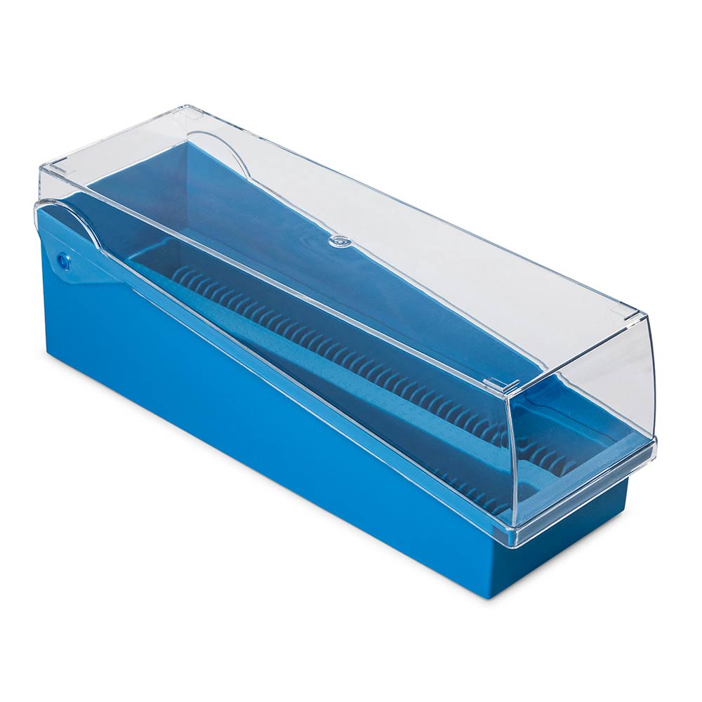 100-Place Microscope Slide Storage Box, Hinged Lid & Removable Draining Tray, ABS — 5 Colors, Each or Case of 6 | Globe Scientific
