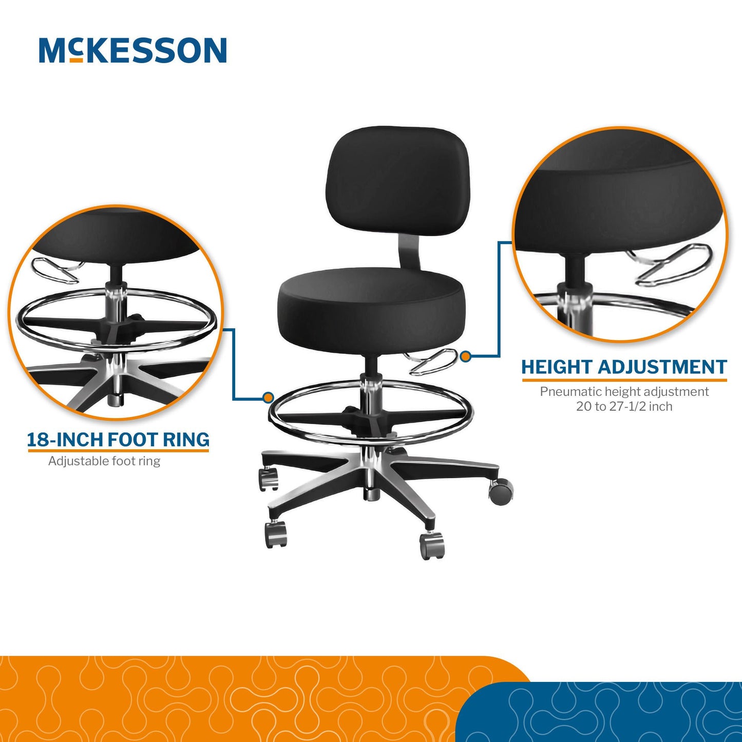 McKesson Exam Stool, Black, with Backrest