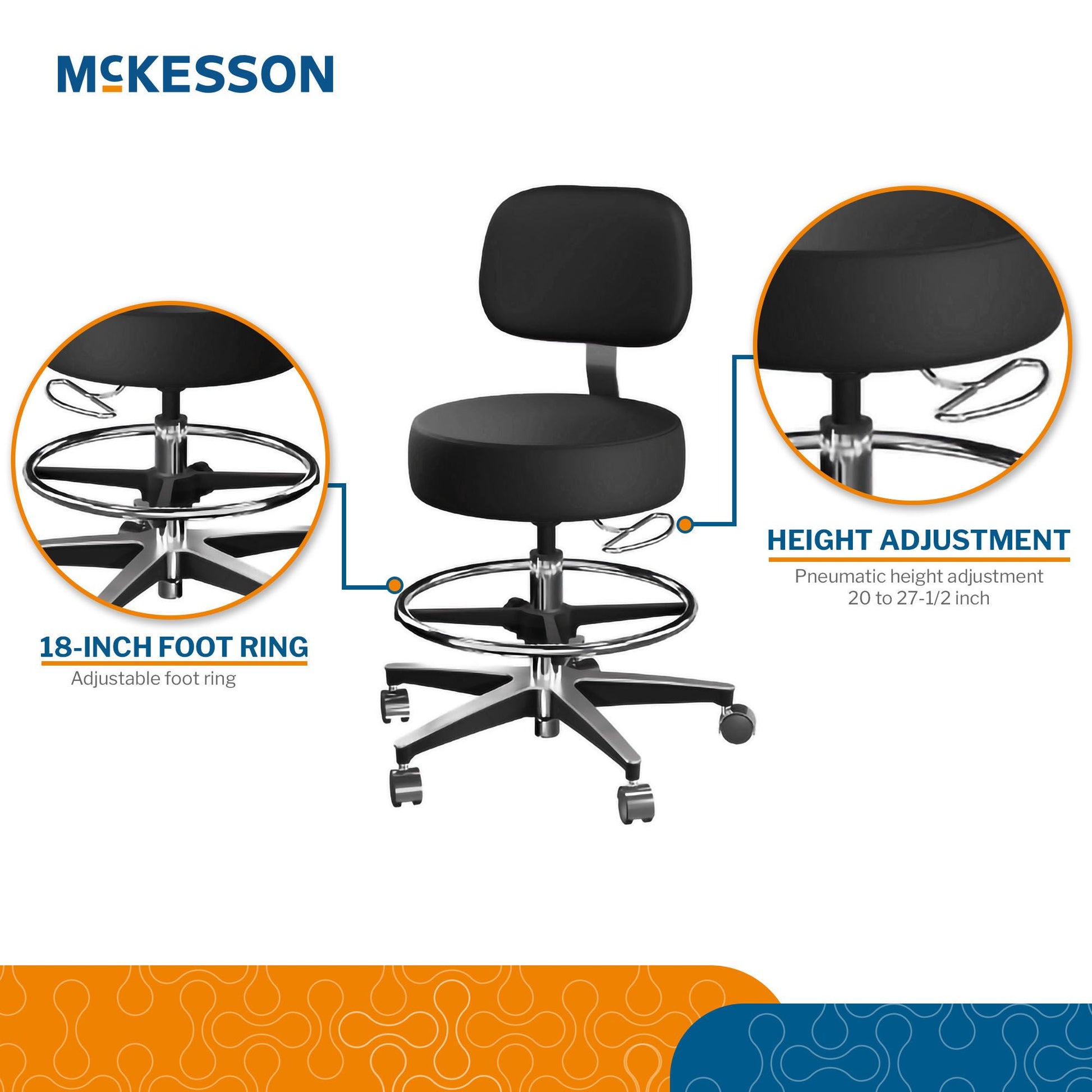 McKesson Exam Stool, Black, with Backrest
