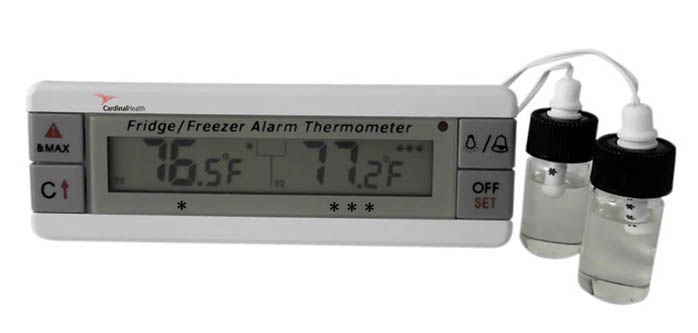 Cardinal Health Digital Refrigerator / Freezer Thermometer with Alarm Fahrenheit / Celsius -40° to +158°F (-40° to +70°C) 2 Bottle Probes Flip-out Stand / Wall Mount Battery Operated