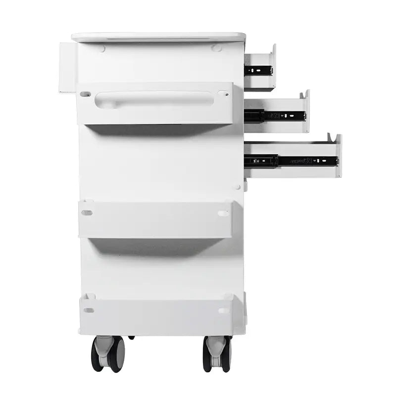 TrippNT 53370 Core DX Sliding Door Cart - 3 Full-Extension Locking Drawers Open