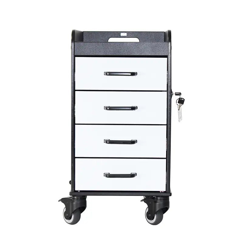 TrippNT 53426 Black Compact Cart White Drawers Angle View Under-Counter