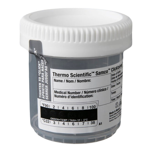 Samco Clicktainer Specimen Container with Temperature Strip 53 mm Opening (3 oz.) Screw Cap Patient Information