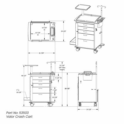 TrippNT 53503 Valor Crash Cart Engineering Drawing Dimensions