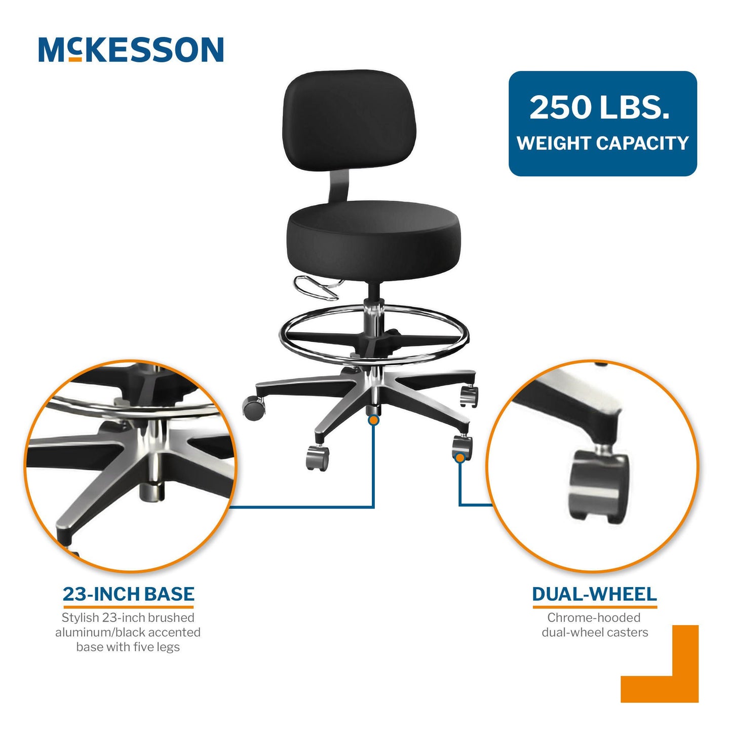 McKesson Exam Stool, Black, with Backrest