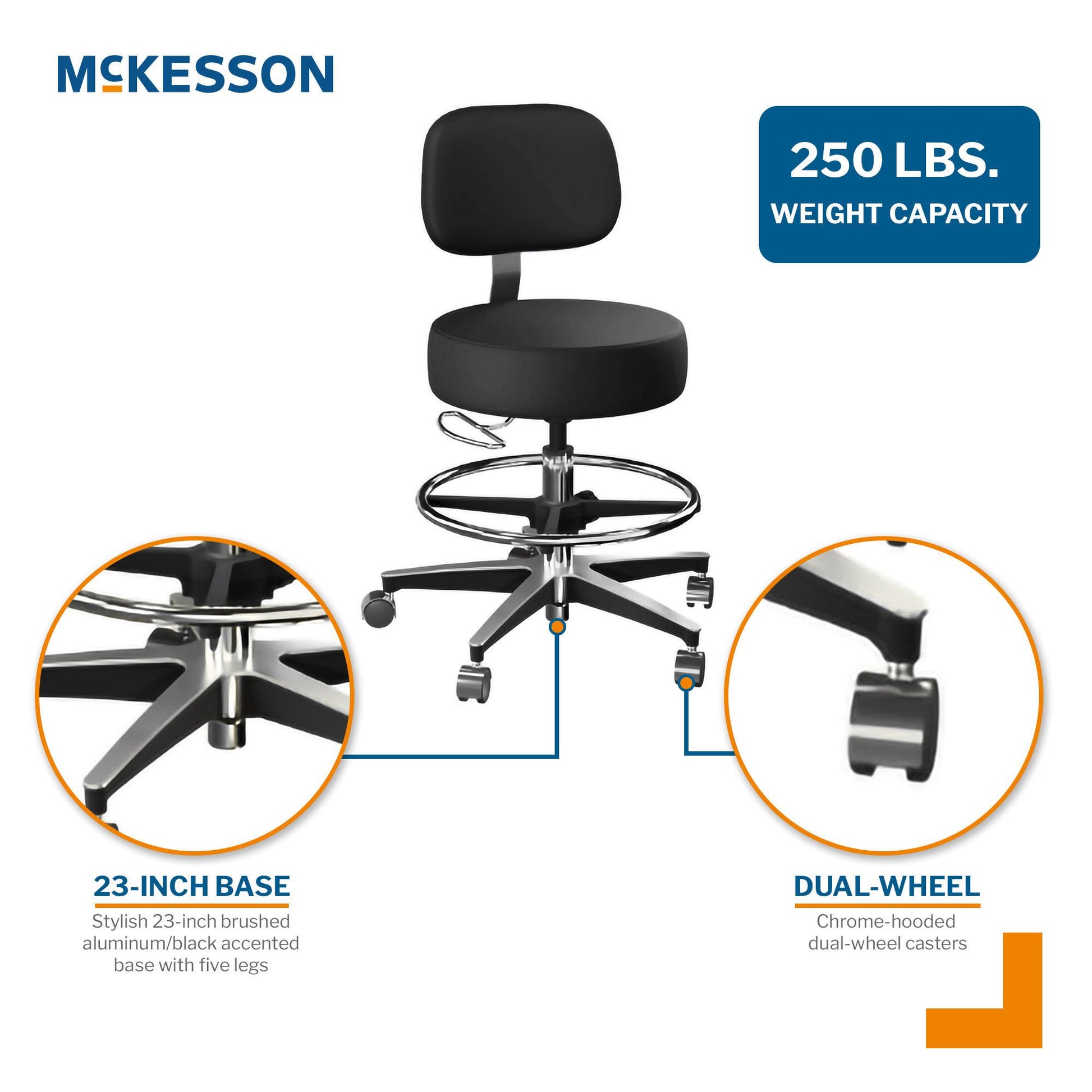 McKesson Exam Stool, Black, with Backrest