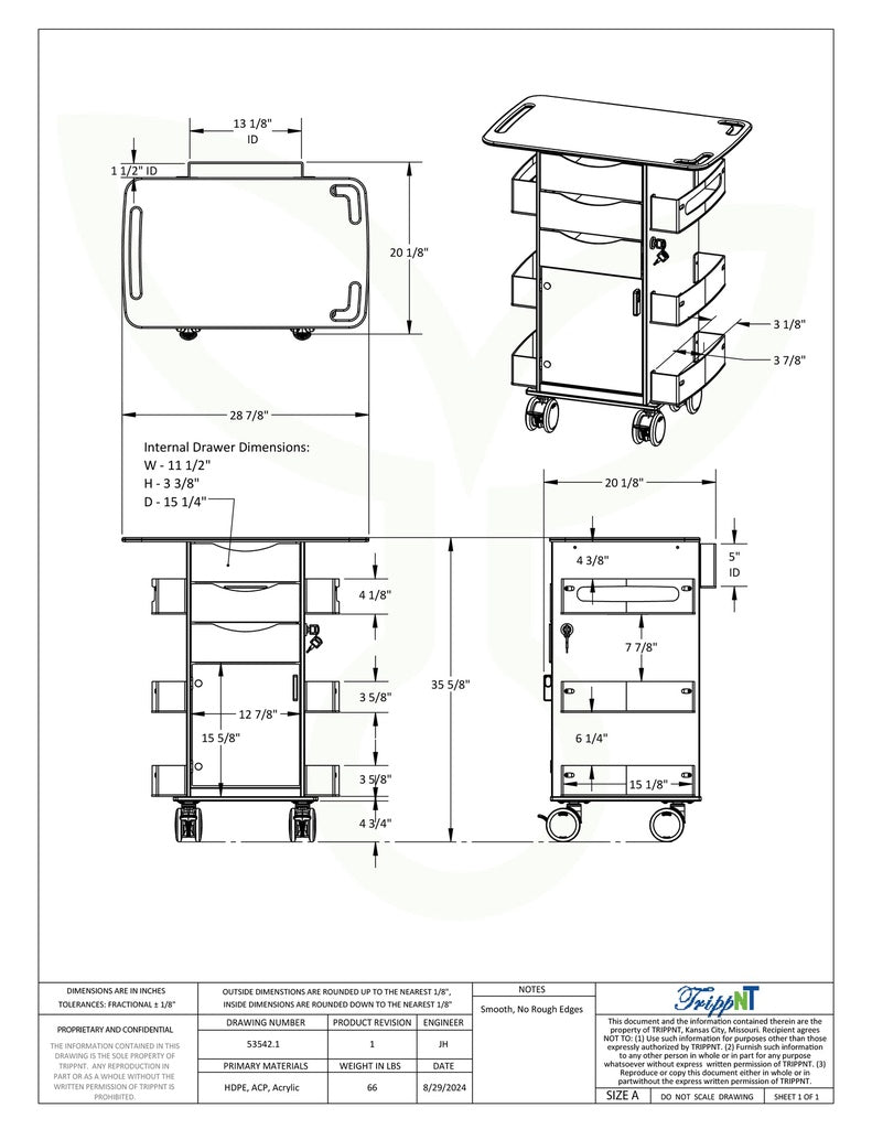 TrippNT 53542 Core DX Extended Top Cart - Engineering Drawing with Full Dimensions