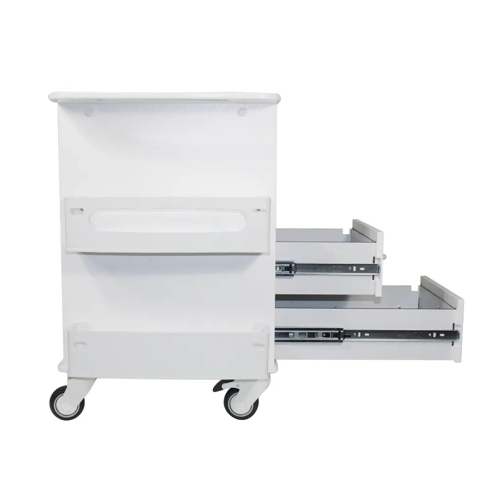 TrippNT 53602 — in-use view showing cart positioned under fume hood with pipettes and supplies accessible during hood work