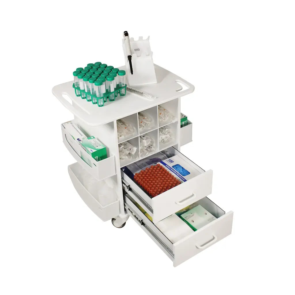 TrippNT 53602 — full cart view showing 6-slot pipette section, 2 drawers, 2 shelves, and 2 dispensing shelves