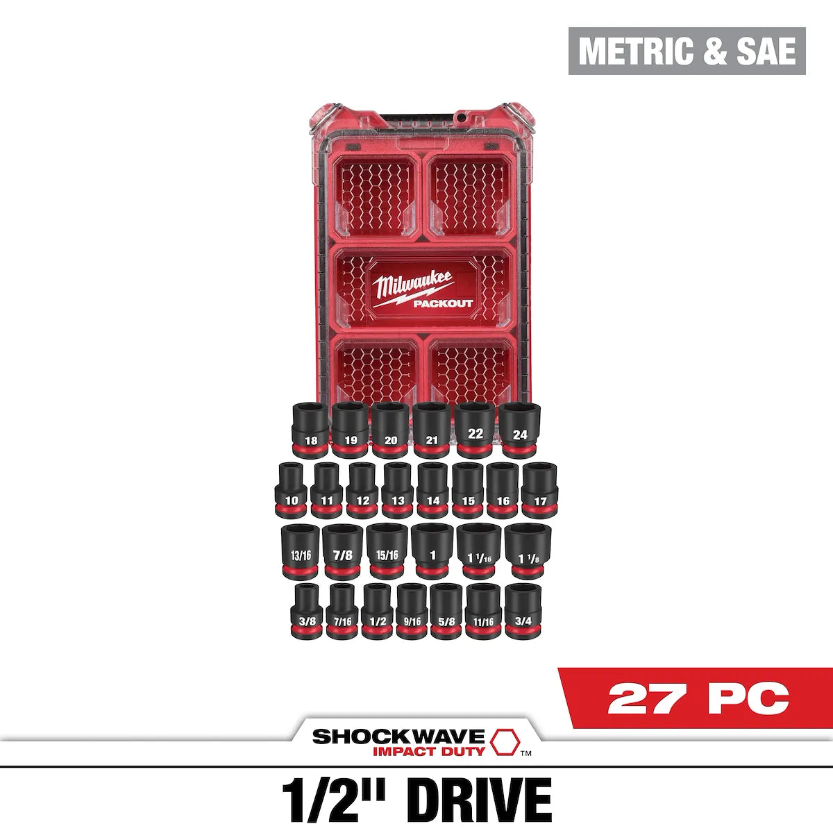 Milwaukee 27PC SHOCKWAVE Impact Duty Socket 1/2” Drive MM & SAE Set with PACKOUT 49-66-6804 | 1/2 in Drive, 27-Piece