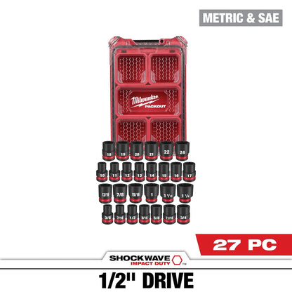 Milwaukee 27PC SHOCKWAVE Impact Duty Socket 1/2” Drive MM & SAE Set with PACKOUT 49-66-6804 | 1/2 in Drive, 27-Piece