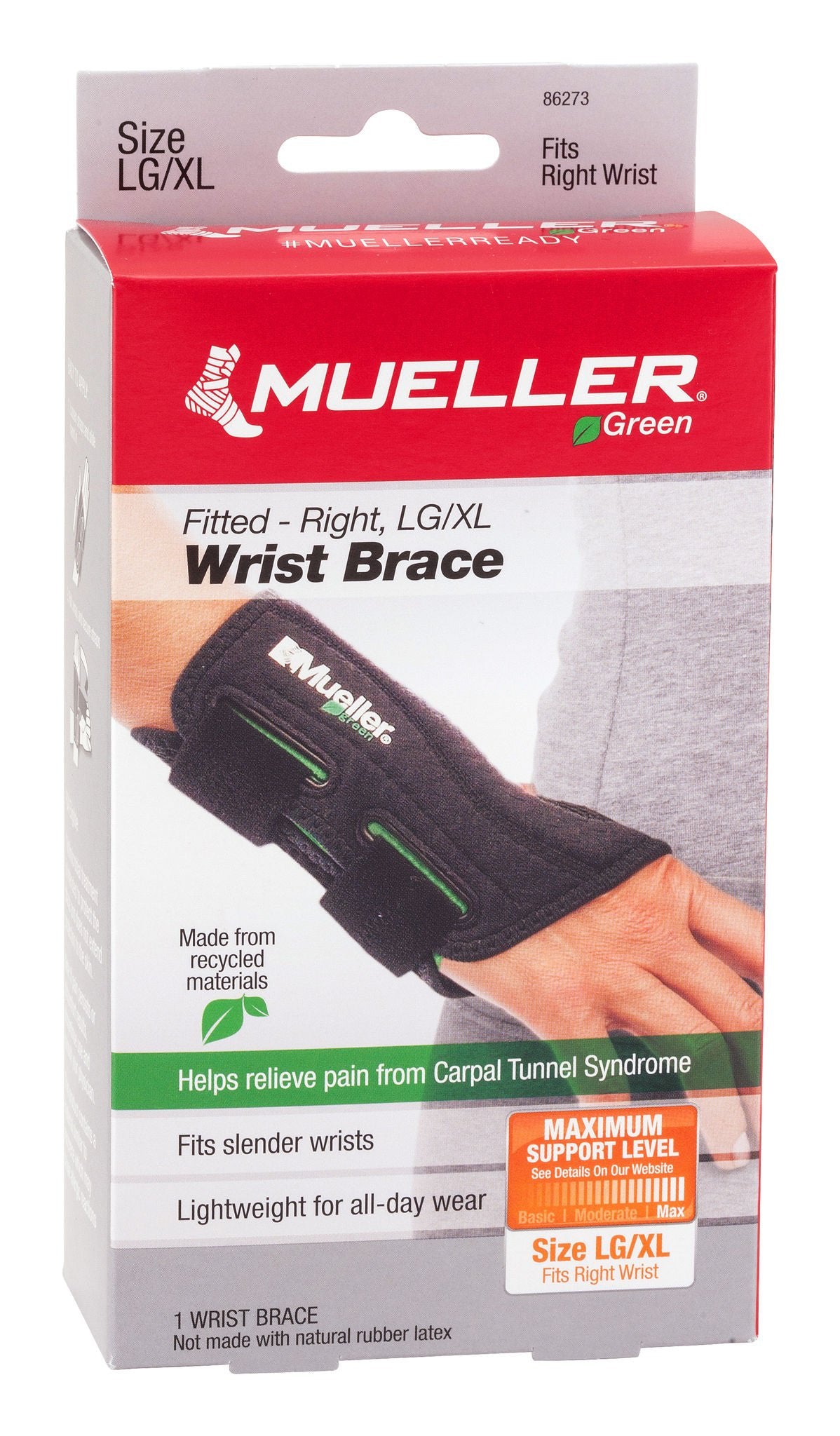 Mueller Green Wrist Brace Plastic / Spandex Right Hand Black