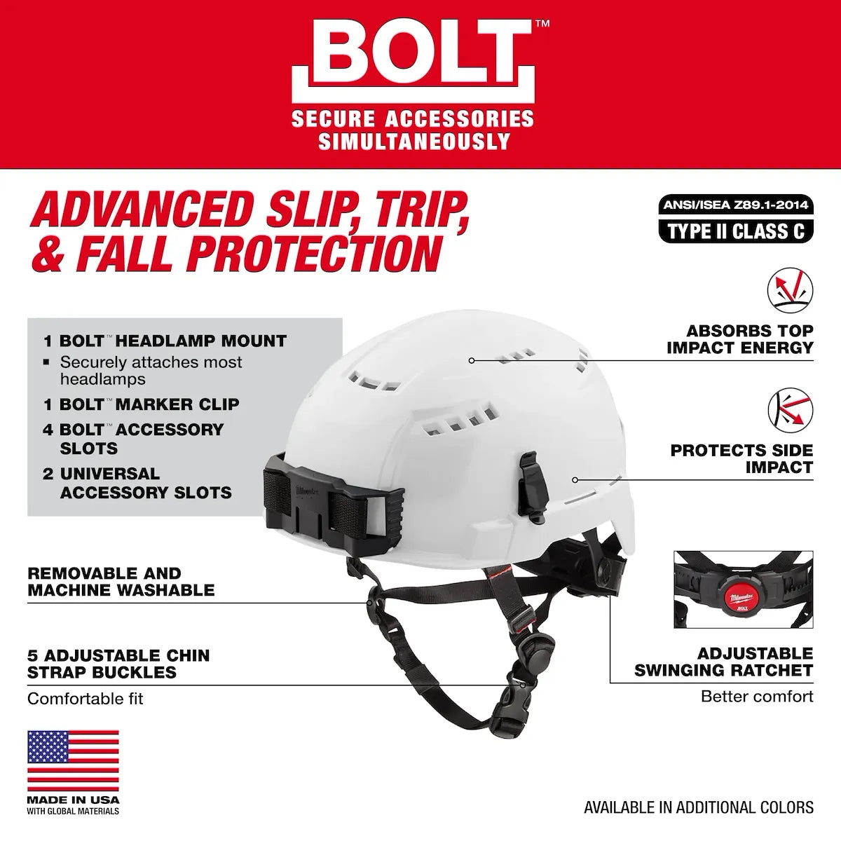 Milwaukee BOLT Red Vented Safety Helmet with IMPACT ARMOR Liner (USA) - Type 2, Class C 48-73-1350 | 3-Piece, Molded Plastic