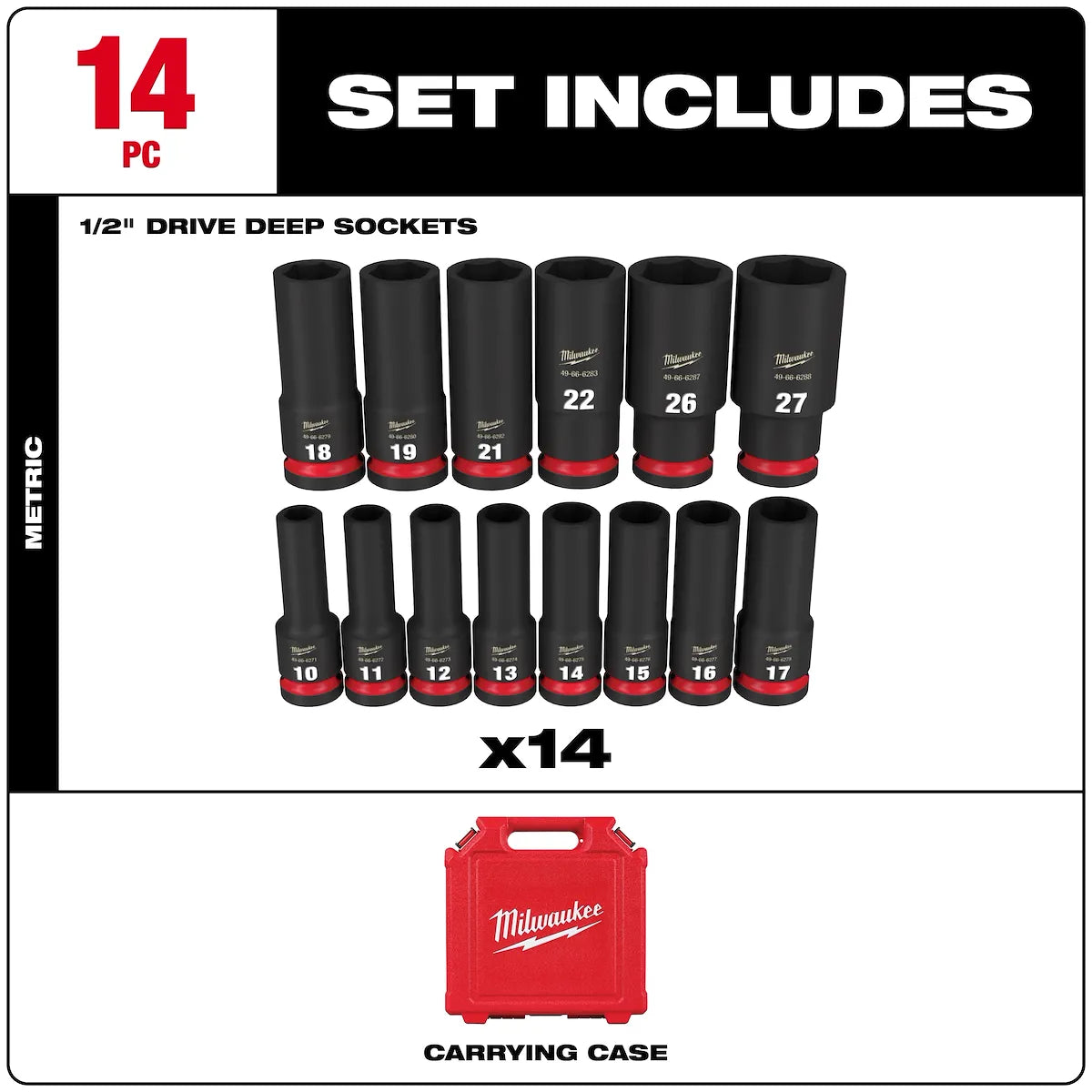 Milwaukee 14PC SHOCKWAVE Impact Duty 1/2" Drive Metric Deep 6 Point Socket Set 49-66-6288