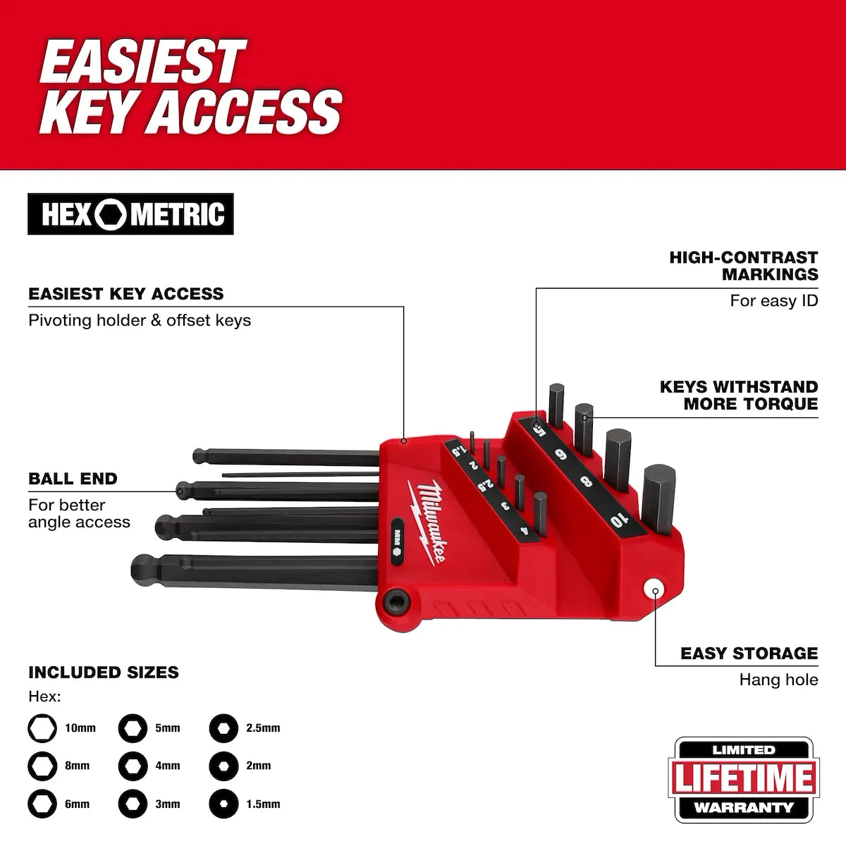Milwaukee 22-Key Ball End L-Style Hex Key Set - SAE/Metric 48-22-2187 | 22-Piece