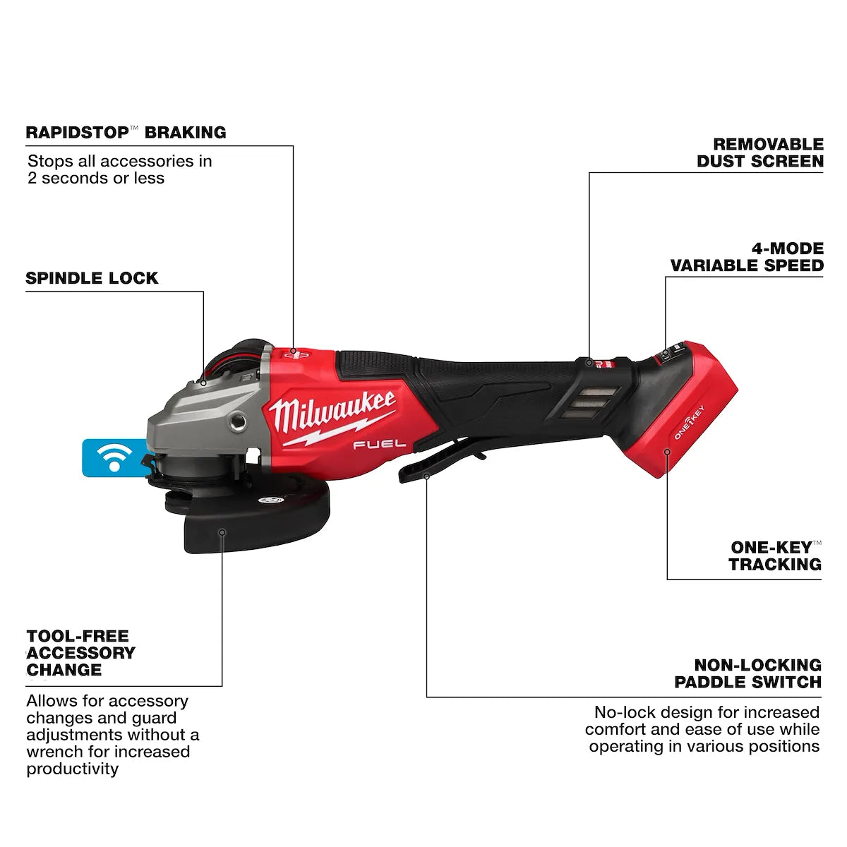Milwaukee M18 FUEL 4-1/2"-6" Variable Speed Braking Grinder, Paddle Switch w/ ONE-KEY 3672-20 | M18 Battery, Glass Filled Nylon