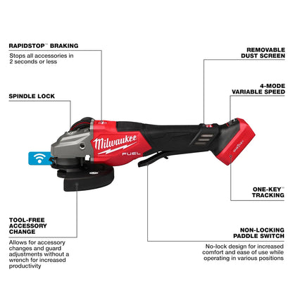 Milwaukee M18 FUEL 4-1/2"-6" Variable Speed Braking Grinder, Paddle Switch w/ ONE-KEY 3672-20 | M18 Battery, Glass Filled Nylon