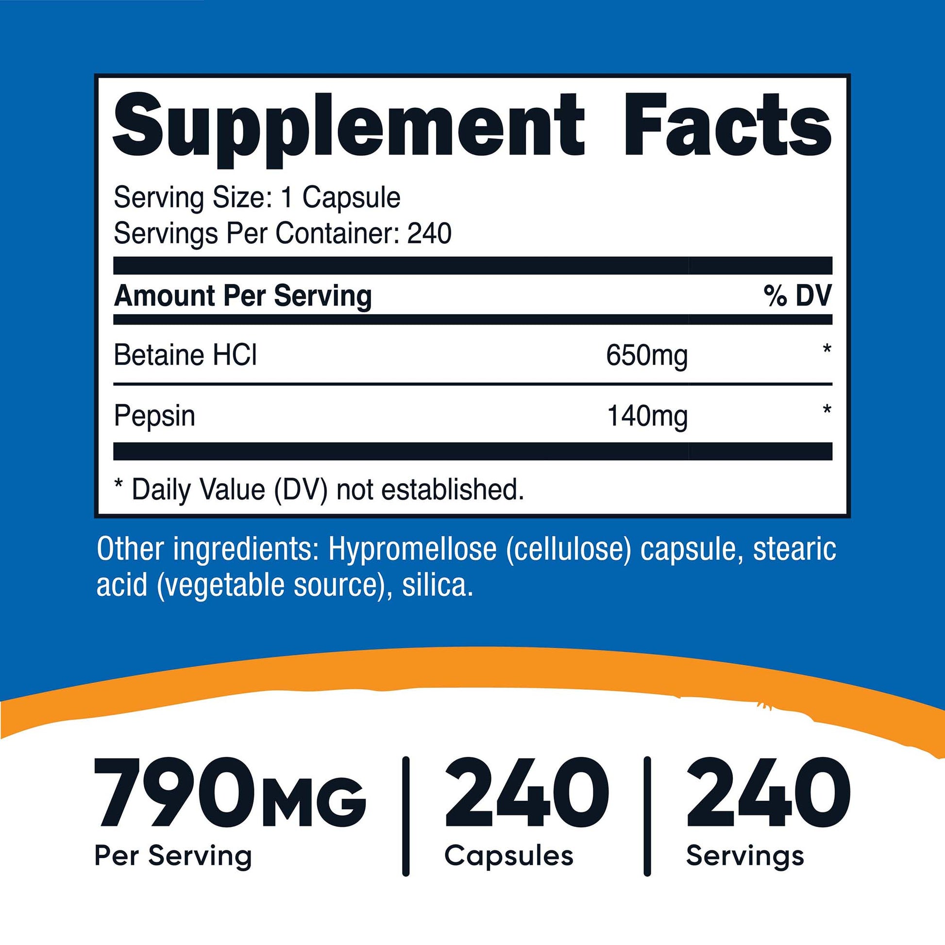nutricost Dietary Supplement Betaine HCl / Pepsin 790 mg Strength Capsule