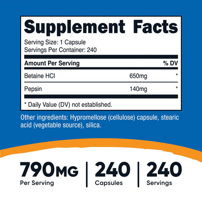 nutricost Dietary Supplement Betaine HCl / Pepsin 790 mg Strength Capsule
