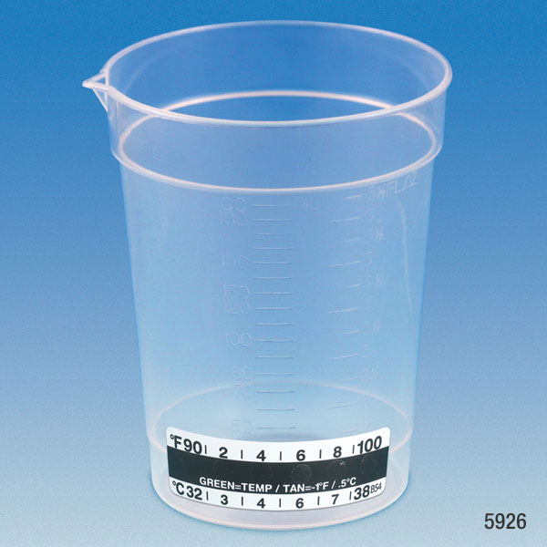 Specimen Containers, 6.5 oz with Attached Thermometer Strip & Pour Spout, PP, Graduated — 300/Case | Globe Scientific