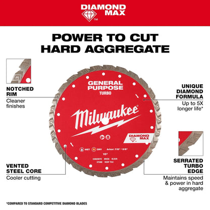 Milwaukee 7" DIAMOND MAX Turbo, General Purpose Diamond Blade 49-93-9107 | Diamond Coated