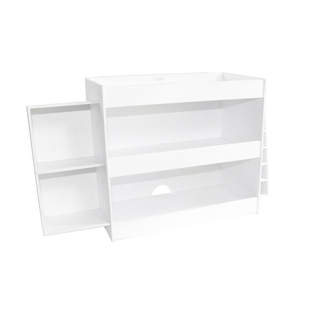 TrippNT 50104 — primary hero, white PVC safety shelf workstation with 3 shelves and side compartments