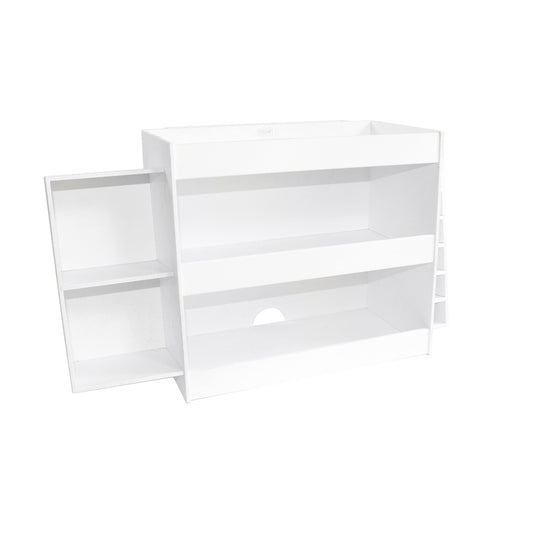 TrippNT 50104 — primary hero, white PVC safety shelf workstation with 3 shelves and side compartments