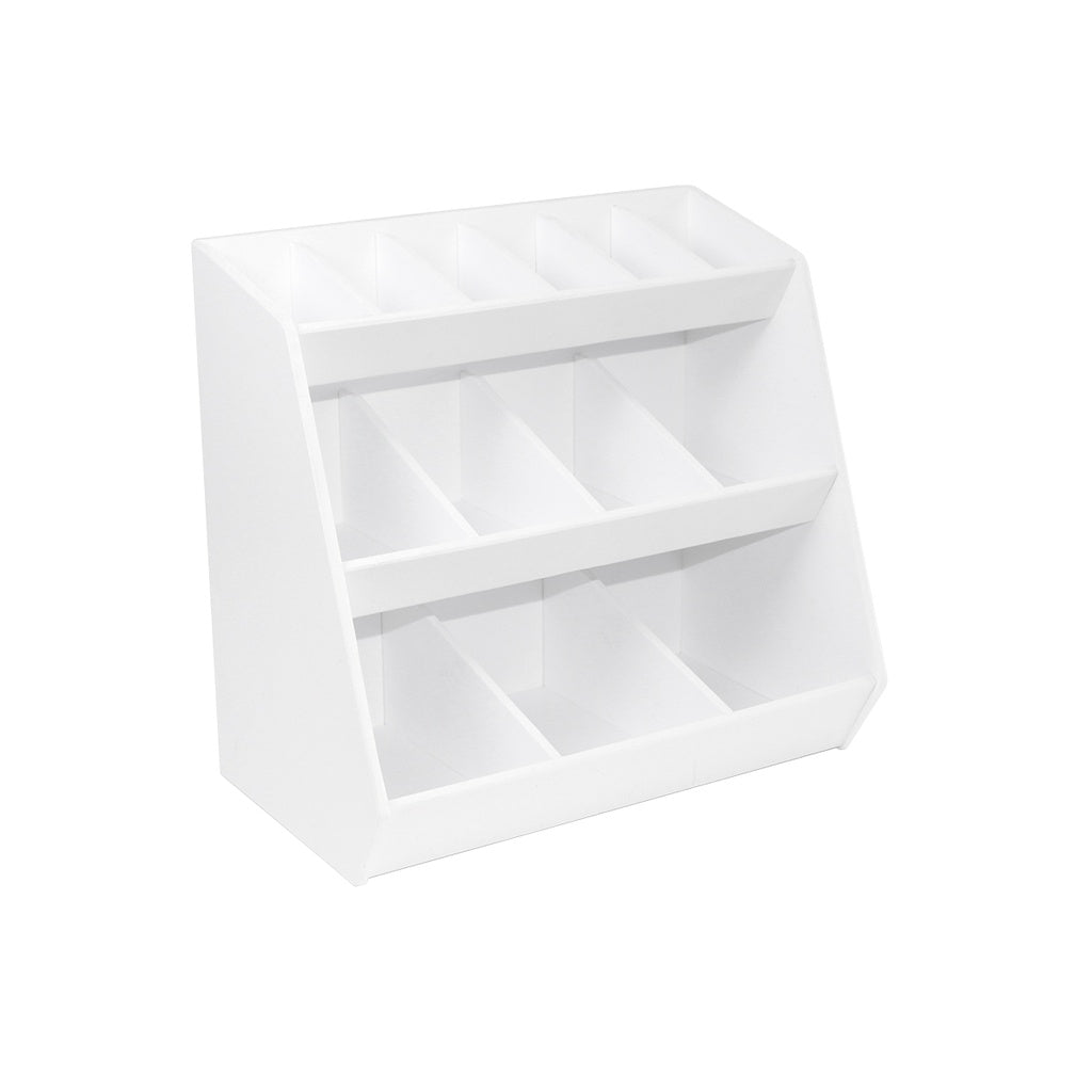 TrippNT 50147 — primary hero, white PVC 3-shelf 13-bin compact lab storage tower