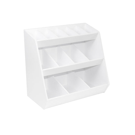 TrippNT 50147 — primary hero, white PVC 3-shelf 13-bin compact lab storage tower