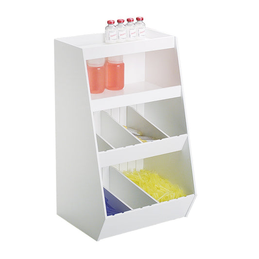 TrippNT 50152 — primary hero, medium lab storage shelf with 2 shelves and 9 adjustable bins — white PVC benchtop with 7 removable dividers