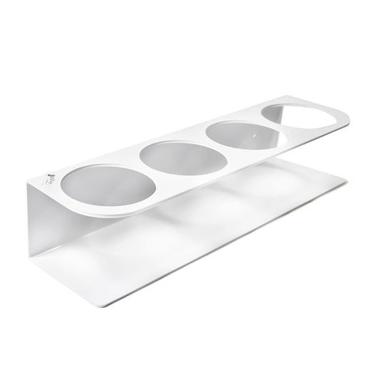 TrippNT 50157 — primary hero, white ABS quadruple 500mL bottle holder — 4-position wall-mount strip