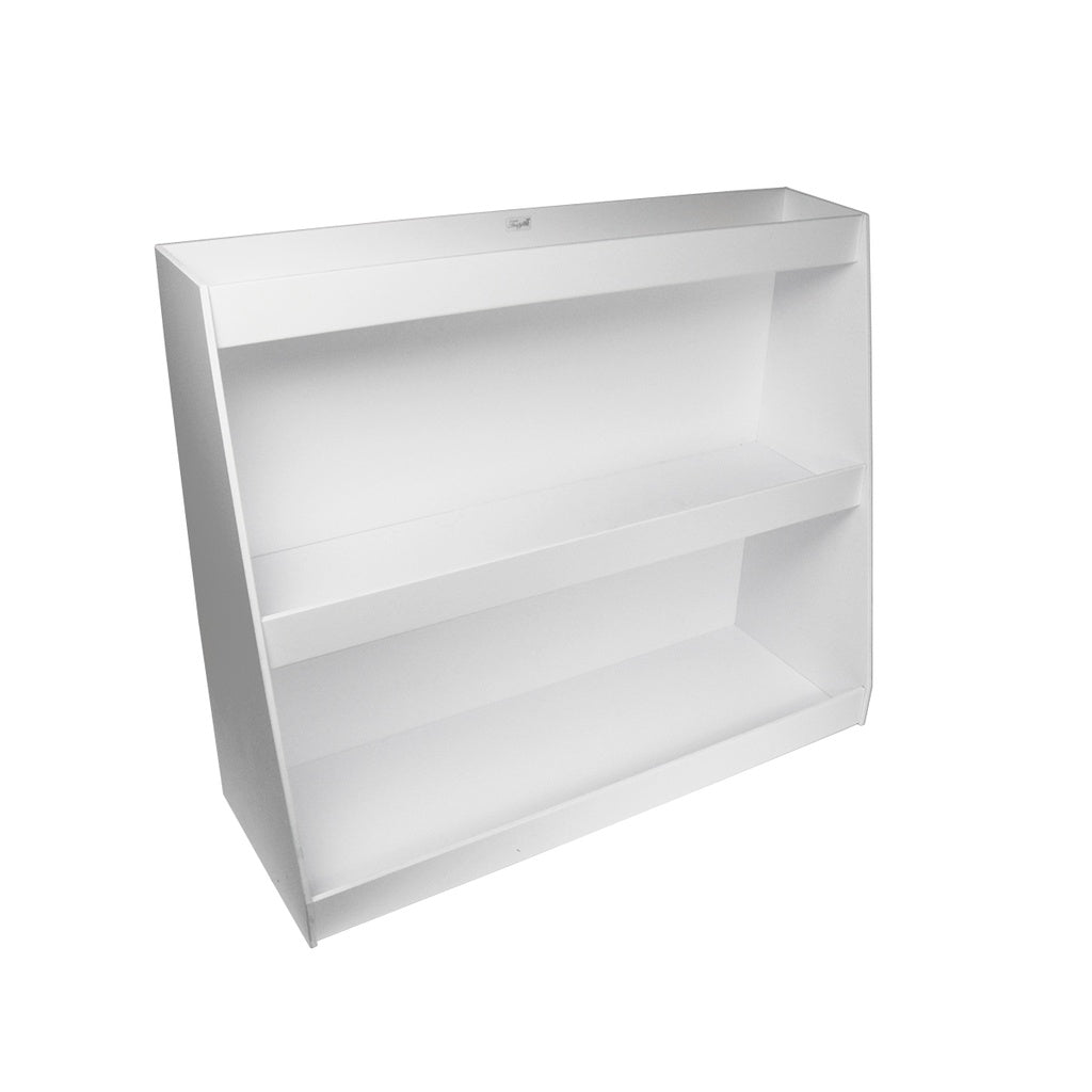 TrippNT 50179 — primary hero, white PVC angled triple safety shelf with staggered-depth 3-tier cascade