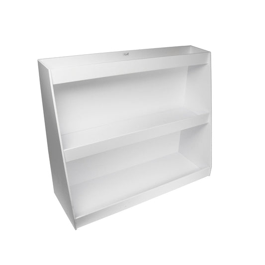 TrippNT 50179 — primary hero, white PVC angled triple safety shelf with staggered-depth 3-tier cascade