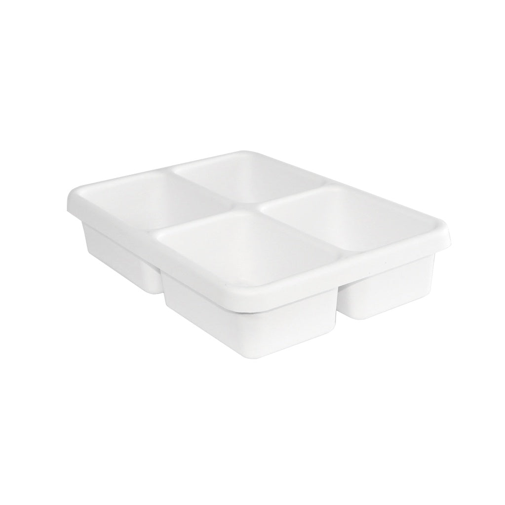 TrippNT 50180 — primary hero, white high-impact styrene 4-pocket equal-bay drawer organizer tray